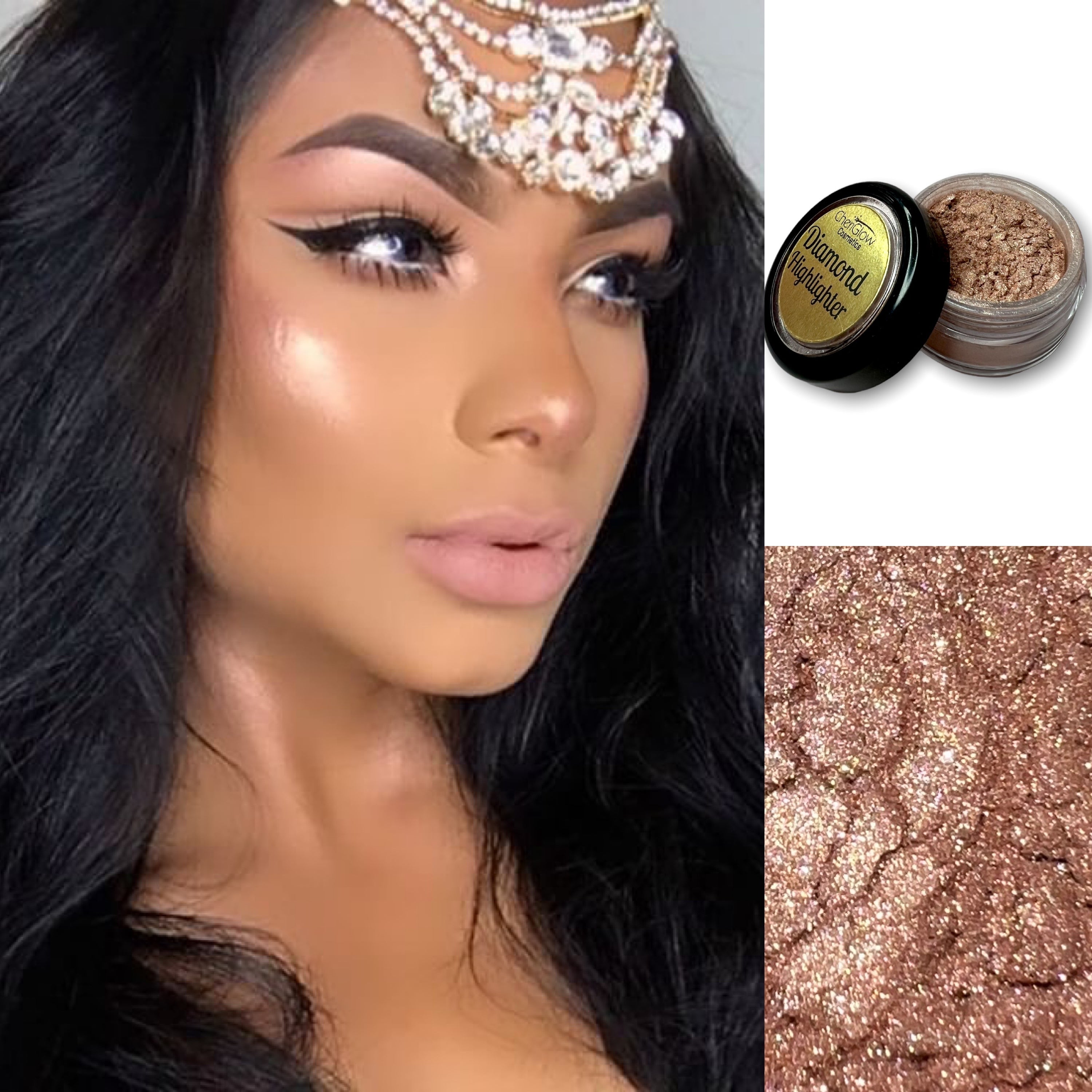 Aphrodite Loose Diamond Highlighter in a sleek container, showcasing its shimmering copper gold powder, perfect for highlighting and adding glow.